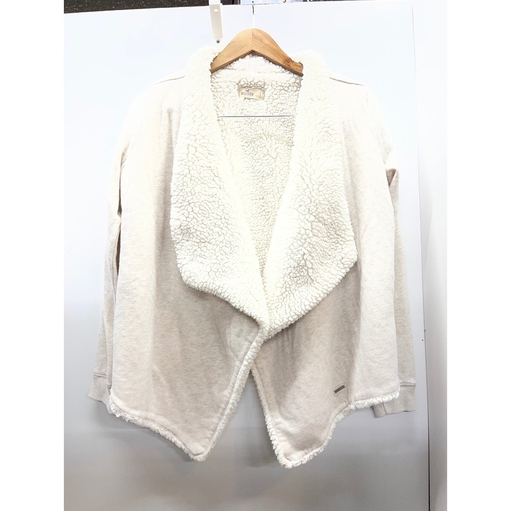 Hollister Cream Faux Shearling Lined Open Front Cardigan Jacket Large Womens